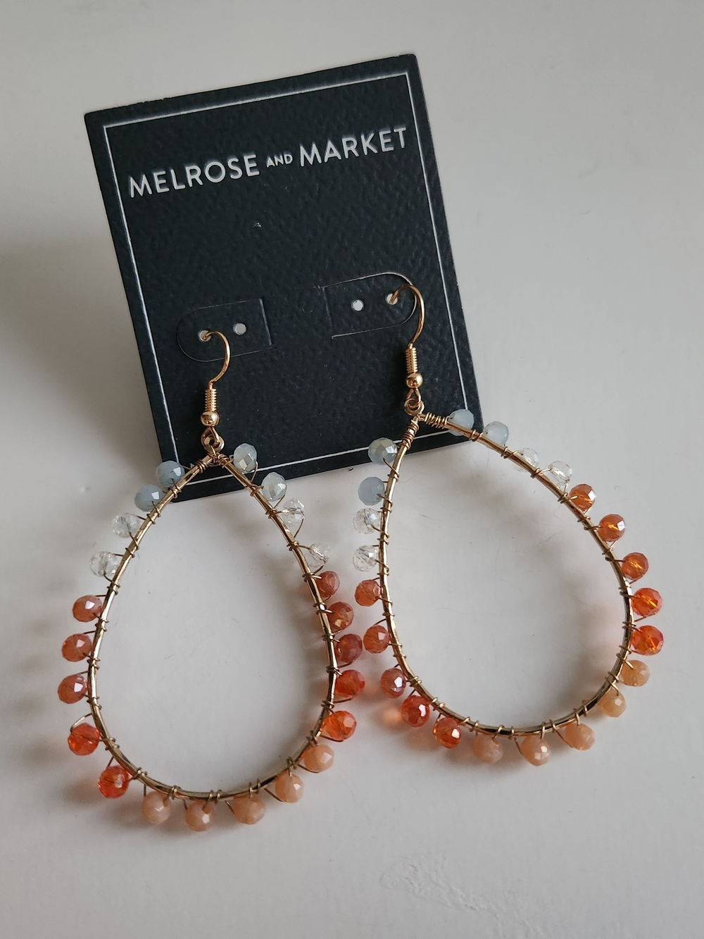 Melrose and Market Gold Teardrop Hoop Earrings with Orange and White Beads